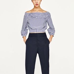 ZARA Blue and White Striped Off Shoulder Crop Too